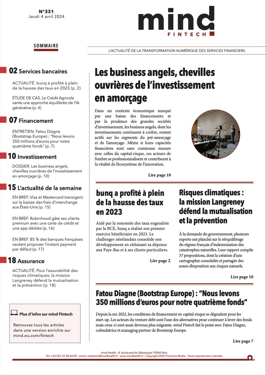 📯 [Hebdo n°331] Au sommaire de <a href="/mindfintech/">mind Fintech</a>  
👉 lnkd.in/eXf-fAgM

☑️ <a href="/bunq/">bunq</a> a profité à plein de la hausse des taux en 2023
☑️ Le <a href="/CreditAgricole/">Crédit Agricole</a> vante une approche équilibrée de l’IA générative
☑️ Les business angels, chevilles ouvrières de l'investissement en amorçage