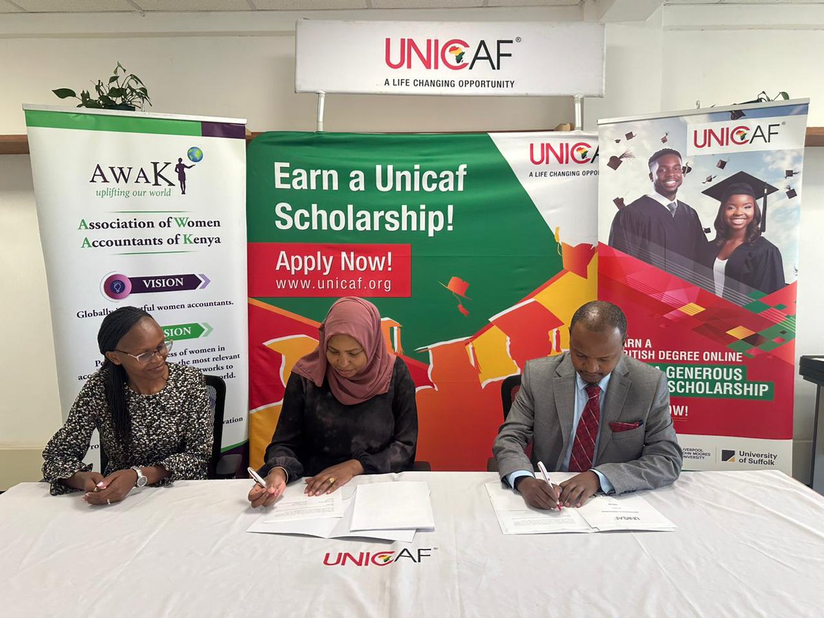 Unicaf is thrilled to announce our partnership with the Association of Women Accountants of Kenya - AWAK. We're empowering AWAK members with generous scholarships to pursue online degrees from our esteemed partner universities in the UK and Africa. 👉link.unicaf.org/3U0LREW