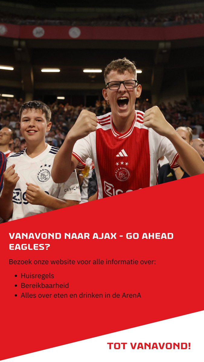 Vanavond naar Ajax - Go Ahead Eagles? ⚽ Lees hier onze bezoekersinformatie: johancruijffarena.nl/kalender/13499…