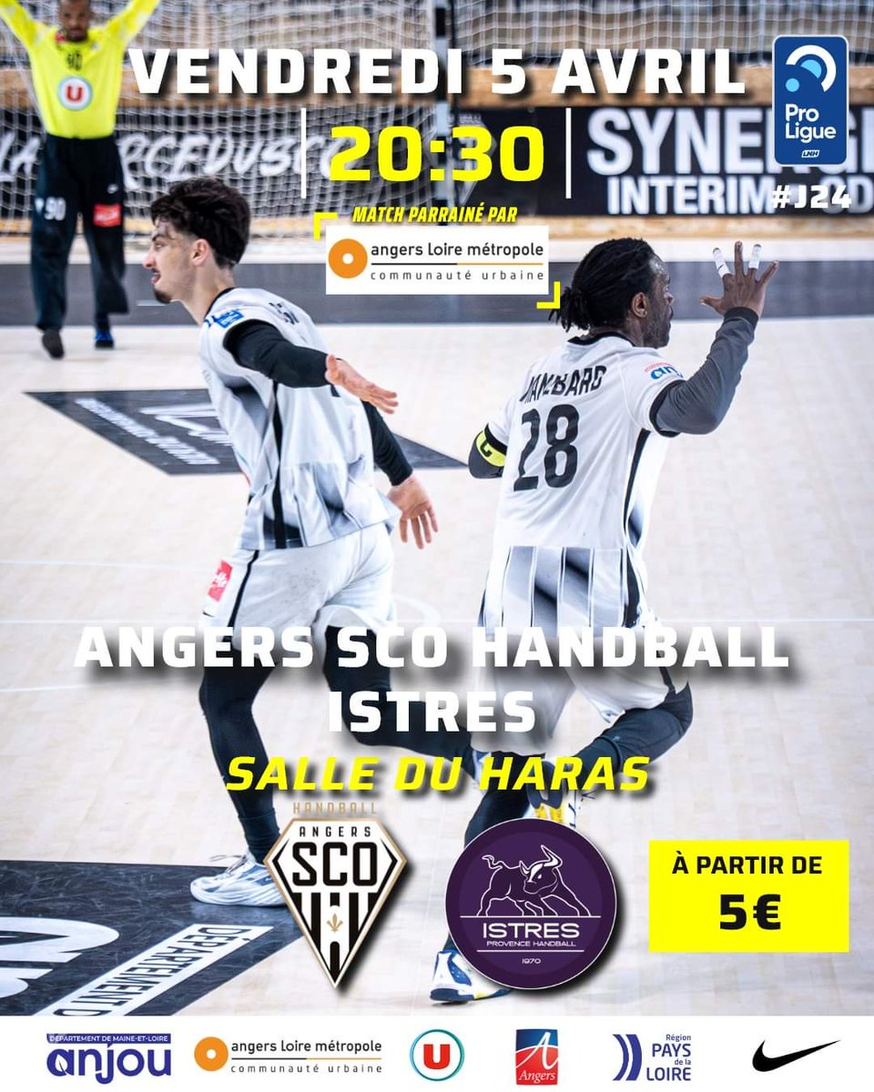 𝗗𝗘𝗠𝗔𝗜𝗡 𝗖'𝗘𝗦𝗧 𝗠𝗔𝗧𝗖𝗛 💥 Rdv au Haras à 20h30 pour le coup d'envoi du SCO Handball🆚Istres !! 🤩💪 Le match est parrainé par Angers Loire Métropole 🤝 🎟 billetterie.angers-sco.fr/fr/product/344… #SportAngers #angerssco #teamsco #LaForceDuSCO #LaDalleAngevine #Proligue #LNH