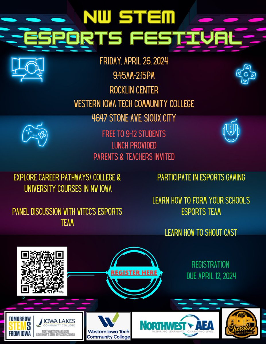 NW STEM is hosting an Esports Festival Grades 9-12 April 26, 2024 WITCC Students will: See WITCC's gaming arena Visit NW colleges & universities for career pathway options Shout casting & Much More! Panel discussion w/ WITCC's Esports Team Gaming zurl.co/kxlq