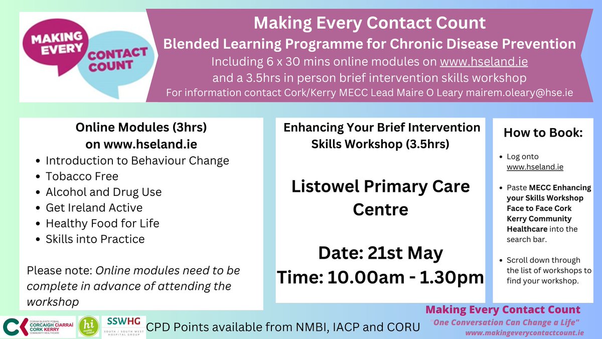 A Making Every Contact Count 👥 workshop will be held in Listowel PCC on May 21st from 10am-1.30pm. To book your place log onto hseland.ie. ℹ️🗓️ #MakingEveryContactCount