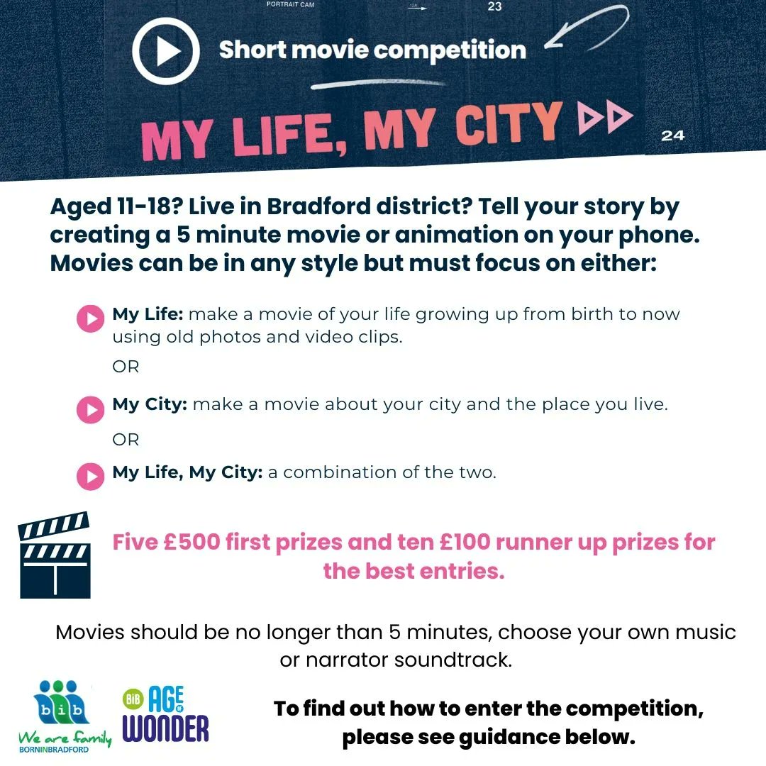 🥁Presenting.... MY LIFE, MY CITY! 🌟We're giving young people to opportunity to tell their story and their life and this amazing city! 📽️Winning movies will be shown as part of @bradford2025 Find out more: borninbradford.nhs.uk/what-we-do/our…