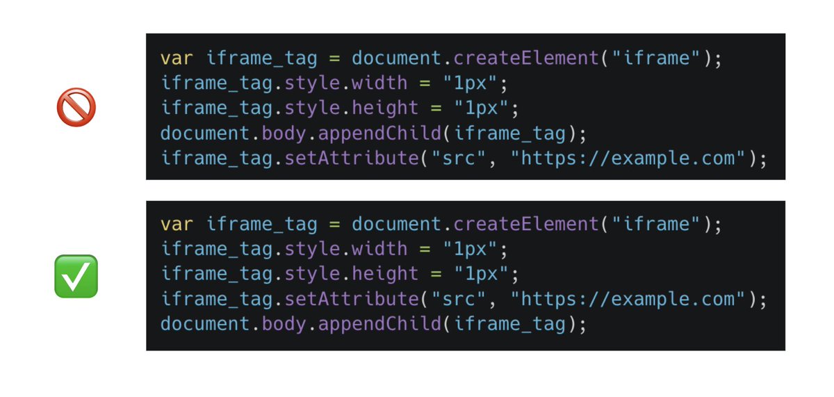 INP tip! Recently we discovered that Chrome does a recalc style if you insert an empty iframe, and then update the src. This can be expensive for some complex sites and so impacts your INP. Simply setting the src BEFORE adding it to the iframe avoids this.