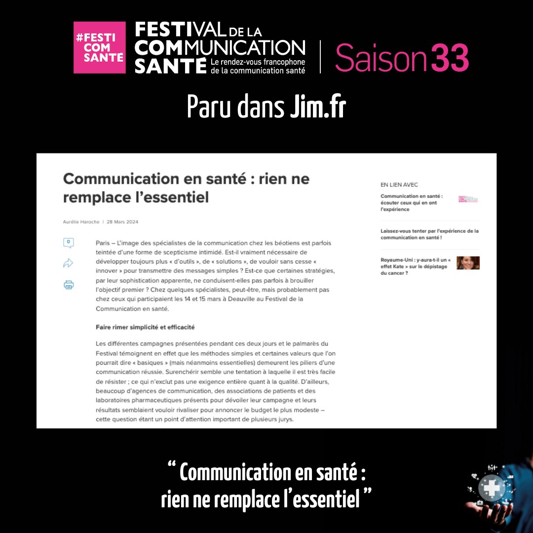 🙏Merci au @jimweb & Aurelie Haroche @luneenlair 
'Le palmarès du @FestiComSante témoigne que les méthodes simples et certaines valeurs que l’on pourrait dire « basiques » (mais néanmoins essentielles) demeurent les piliers d’une #communication réussie'
festivalcommunicationsante.fr/communication-…