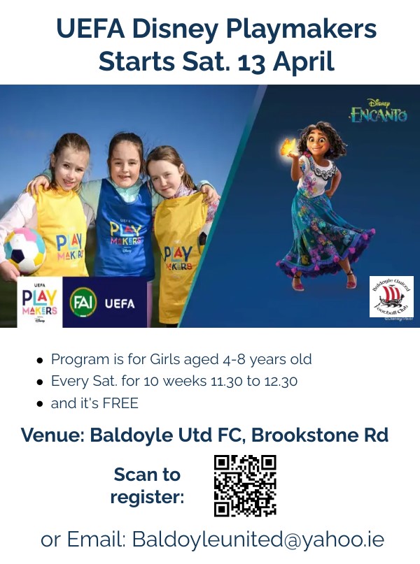 FOR GIRLS AGE 4-8 Try football with Disney's Encanto! 🟢FREE course starts in Baldoyle 📆 Sat 13 April Book at disneyplaymakers.ie/baldoyle-utd/ @BaldoyleF @BaldoyleT @BaldoyleMS