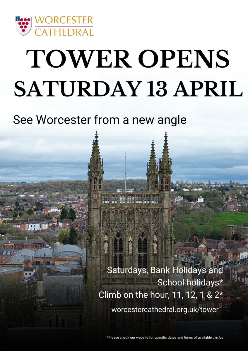 Today's the day!! We're so excited for our Spring Craft Fayre in the cloisters (10am-4pm), PLUS the tower re-opens today! Come and climb the 255 winding steps to see Worcester from a different angle, 200ft in the air - the views are spectacular!