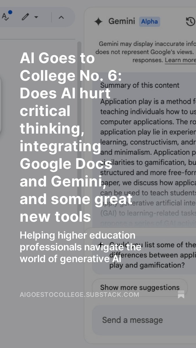 A new issue of AI Goes to College is out! The newsletter is a great way to keep up with the intersection of AI and higher ed, but there's something in each issue for anyone interested in generative AI. aigoestocollege.substack.com/p/ai-goes-to-c…

#ai #chatgpt #HigherEducation