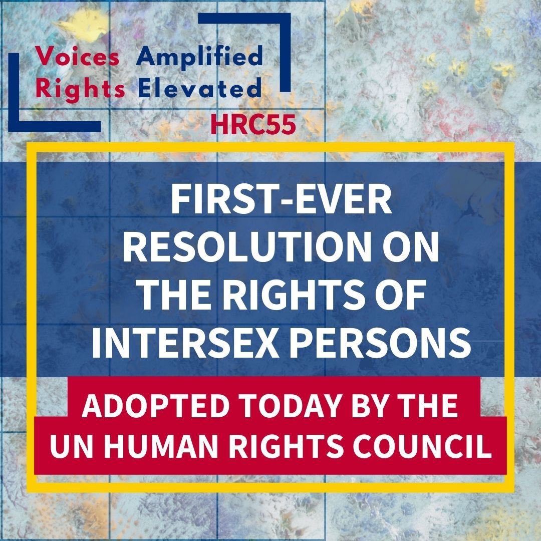 The adoption of the first-ever resolution on the Rights of Intersex Persons at #HRC55 marks a landmark advancement in human rights. The U.S. proudly co-sponsored this initiative and extends its gratitude to Finland, South Africa, Chile, & Australia for leading this vital effort.