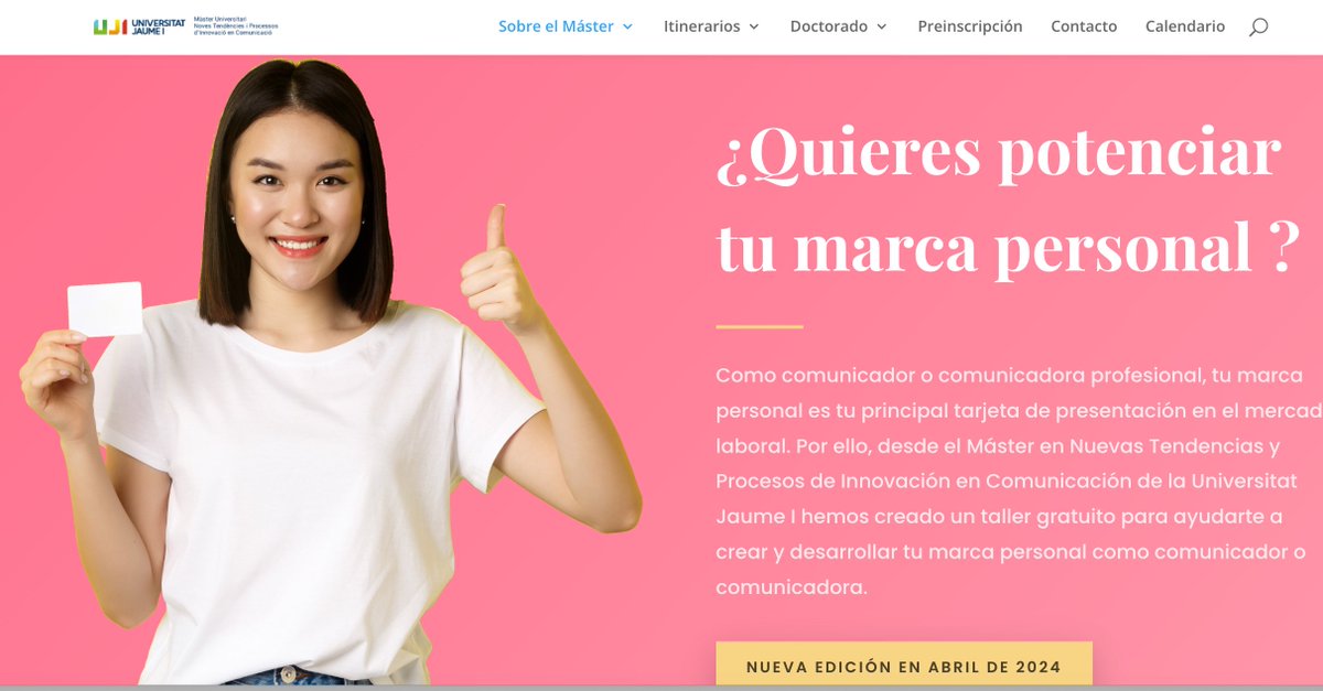 franferbel's tweet image. La marca personal es uno de los activos más importantes para cualquier profesional. Por ello en @MasterComUJI de @UJIuniversitat lanzamos un taller gratuito online de Marca Personal para Comunicadores. No pierdas la oportunidad de mejorar y apúntate en mastercomunicacion.uji.es/tallermarcaper…