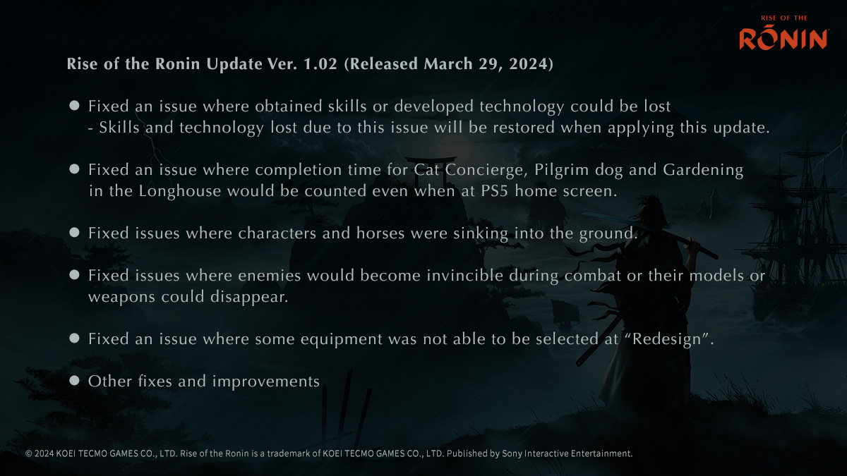 また、3月29日にVer 1.02パッチを配信いたしました。 詳細は添付画像をご覧ください。 Also, please refer to the image below for info on the Ver. 1.02 patch released on March 29th.