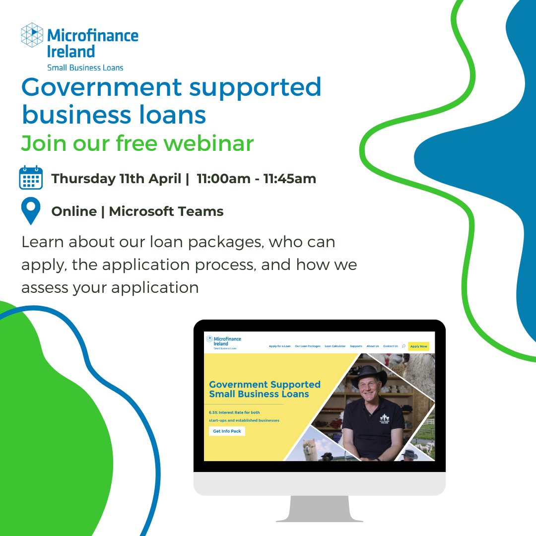 Struggling to secure finance for your business? You could be eligible for a government-supported business loan with Microfinance Ireland. Join our free webinar 💻🎉 Register here: microfinanceireland.ie/webinar/ #microfinanceireland #irishbusiness #irishentrepeneur #smallbusinesssupport