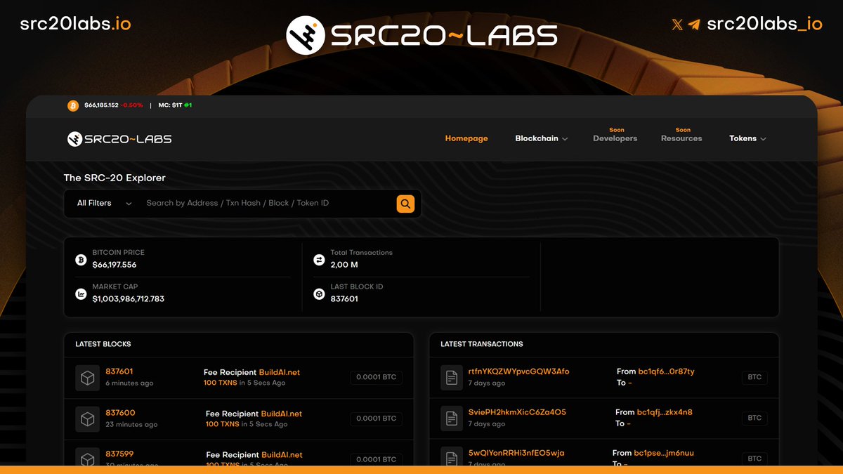 🚨Exciting news! 🚨
SRC20Labs is proud to announce the launch of the first stage of our #Explorer 
With SRC20Labs everything becomes much easier 👌

explorer.src20labs.io/block/last

More features of our Explorer is in progress...stay tuned!

#SRC20 #Stamps #Bitcoin