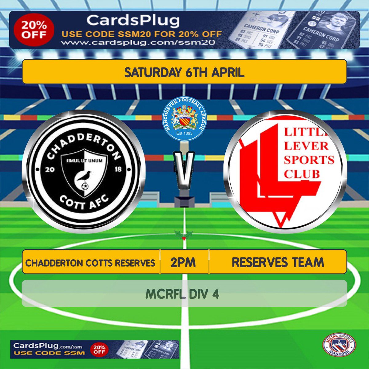 Saturday 6th April: ⚽️ First Team HOME Vs @DeLaSalleReds Firsts ⏰ 2pm KO 🏆 @THEMCRFL Div 2 📍Little Lever High School, BL3 1BT ⚽️ Reserves Team AWAY Vs @ChaddyCottAFC Reserves ⏰ 2pm 🏆 @THEMCRFL Div 4 📍Oasis Academy, Oldham Hollins RD, OL8 4JZ #upthelever