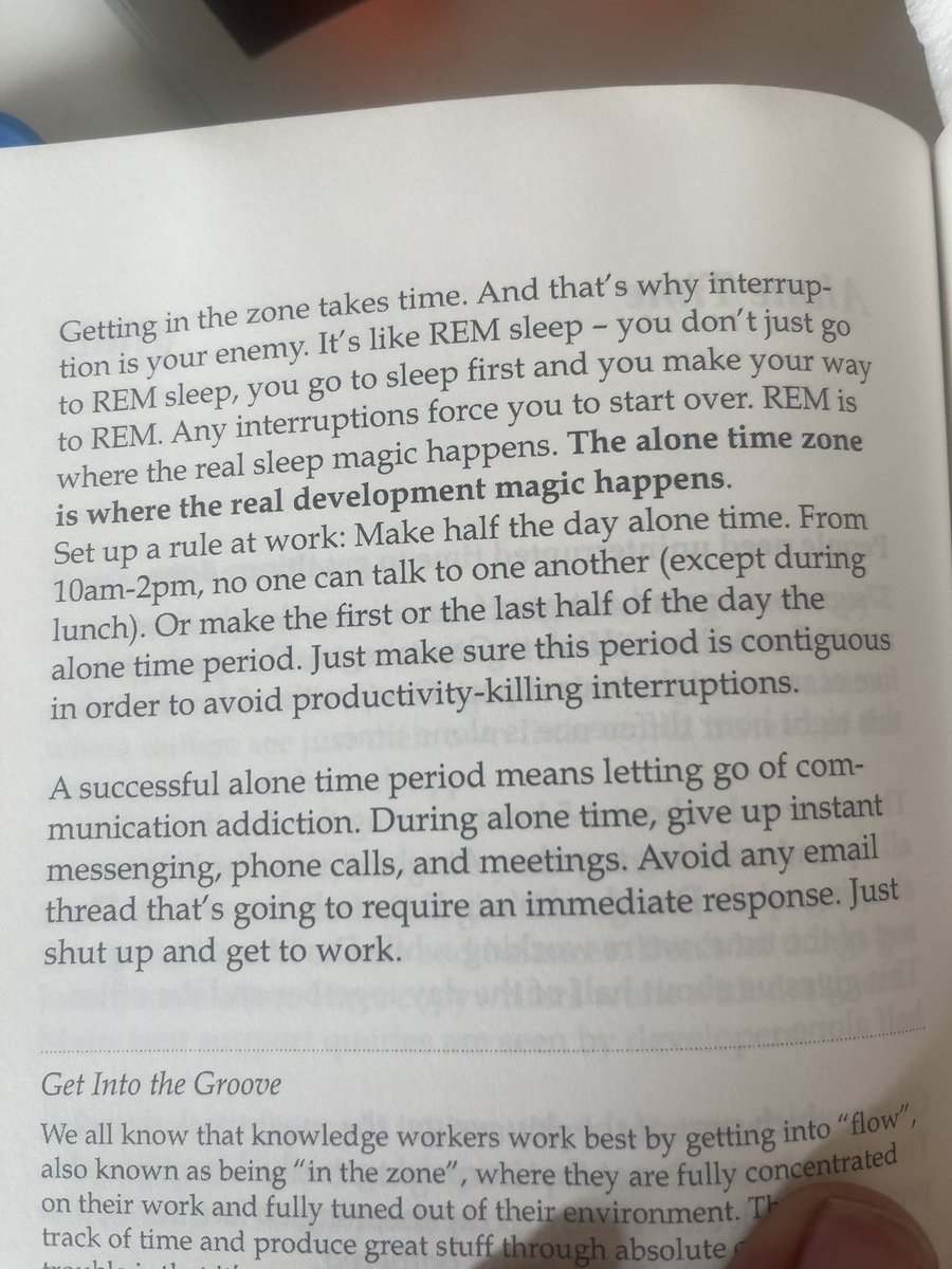 michaelkoper's tweet image. Reading the classic ‘Getting Real’ by @jasonfried and @dhh and I can’t believe how relevant this stuff still is, or maybe even more relevant today.
This book was written before my professional career and I’m considered old already 🤣
This is part of the chapter ‘Alone Time’.…