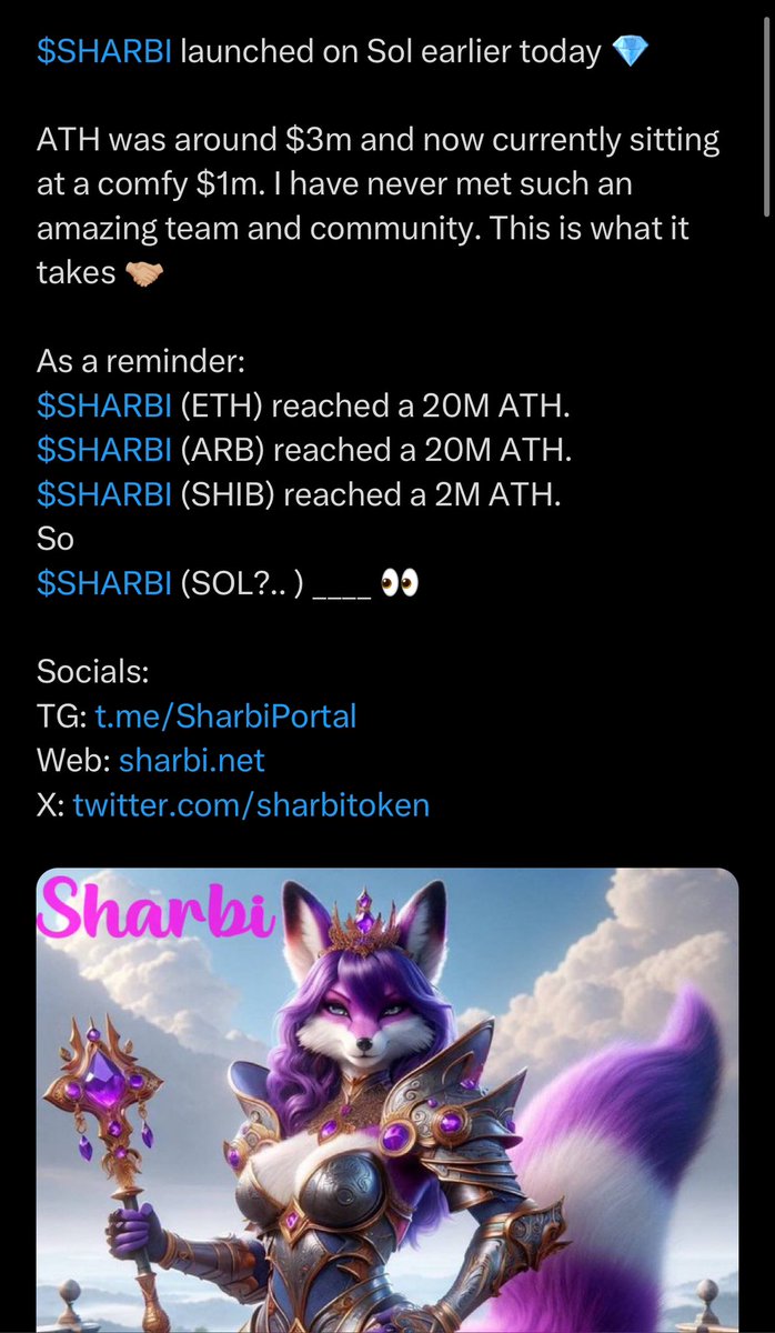 Romeo199731's tweet photo. @elonmuskdoge69 SHARBI on Solana (easy) 🚀 https://t.co/2bv9mmWMFv