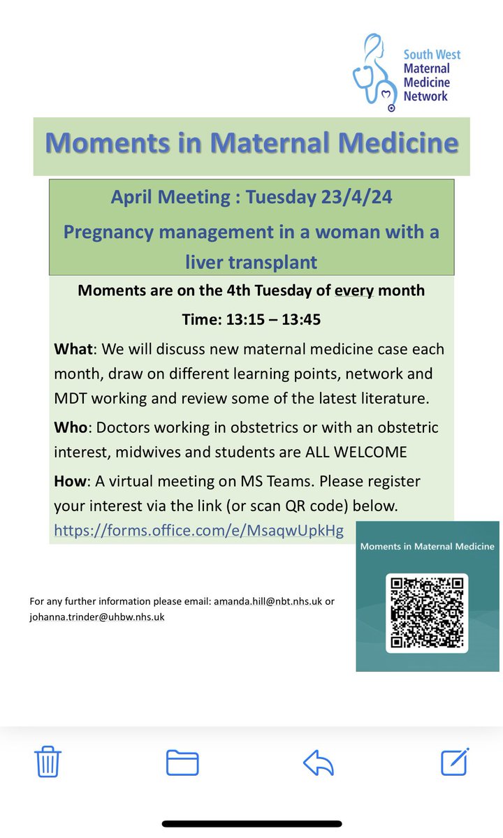 Following the positive feedback from our first ‘Moments in Maternal Medicine’. Our next reflective teaching will be on 23/4/24. HCPs in the South West are very welcome to attend where we’ll be discussing a Liver Transplant case in pregnancy. forms.office.com/pages/response…