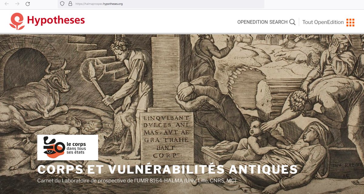 Vient de paraître #En_Ligne :
Le laboratoire de prospective d'<a href="/HALMA_ULille/">HALMA - UMR 8164</a>  a son Carnet Hypothèses « Corps et Vulnérabilités antiques »
🔗halmaprospec.hypotheses.org
cc <a href="/RechercheUlille/">Recherche - Université de Lille</a> <a href="/CNRS_HdF/">CNRS Hauts-de-France</a> <a href="/MinistereCC/">Ministère de la Culture 🇫🇷</a> <a href="/hypothesesorg/">Hypotheses</a>