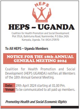Our 18th Annual General Meeting is due on April 19th, 2024. The secretariat team looks forward to welcoming all the HEPS-Uganda members. @nyehora @MBKeno @danbyamud @sabakiga @RosetteMutambi #HepsInAction #HepsAGM