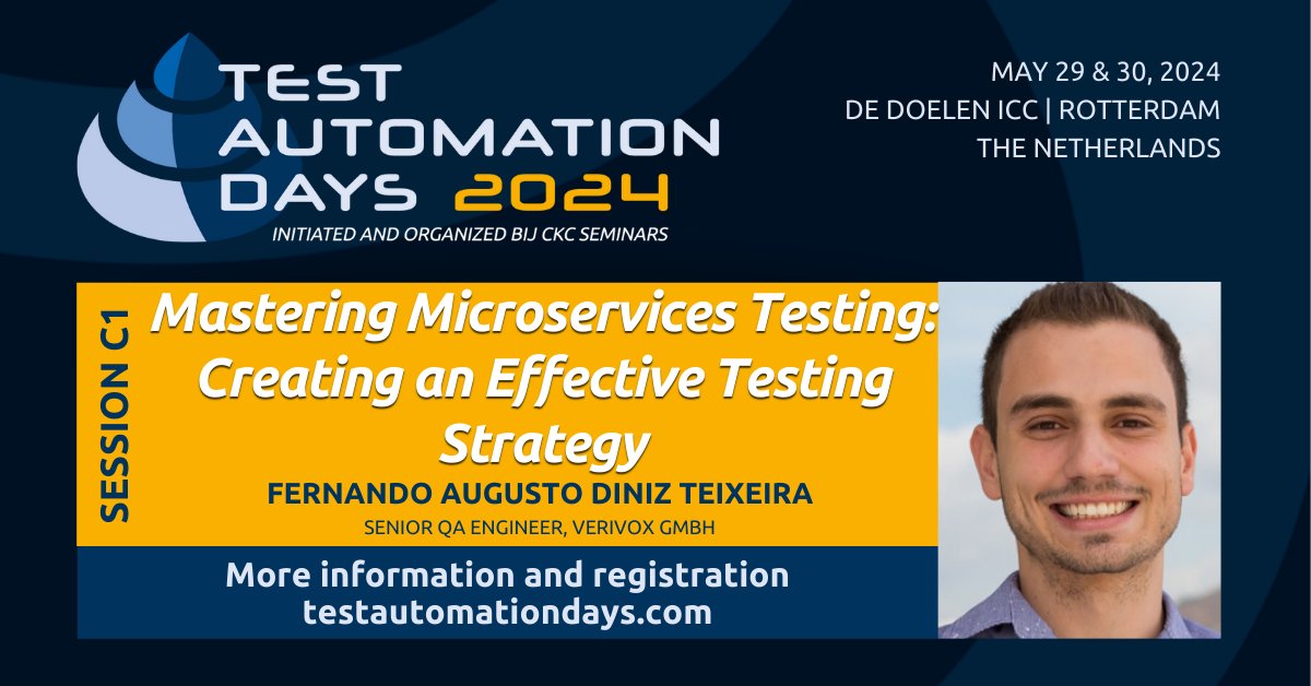 testautomationd's tweet image. 𝐌𝐚𝐬𝐭𝐞𝐫𝐢𝐧𝐠 𝐌𝐢𝐜𝐫𝐨𝐬𝐞𝐫𝐯𝐢𝐜𝐞𝐬 𝐓𝐞𝐬𝐭𝐢𝐧𝐠: 𝐂𝐫𝐞𝐚𝐭𝐢𝐧𝐠 𝐚𝐧 𝐄𝐟𝐟𝐞𝐜𝐭𝐢𝐯𝐞 𝐓𝐞𝐬𝐭𝐢𝐧𝐠 𝐒𝐭𝐫𝐚𝐭𝐞𝐠𝐲
Join Fernando Augusto Diniz Teixeira during his session during Test Automation Days on May 30 in Rotterdam. #TADnl #testing #automation #QA #AI