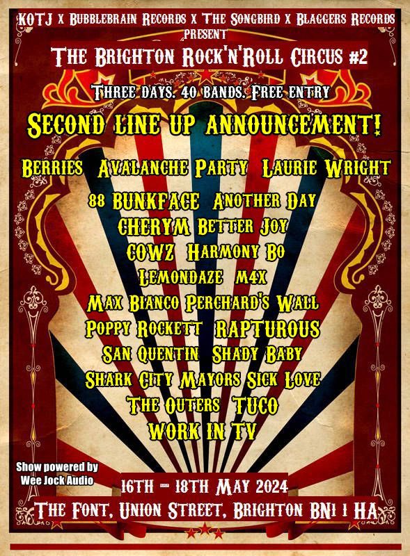 🎪🎸The 2nd line up announcement for our 3-day free entry Brighton show (16th-18th May) is here🎪🎸 Join us for this years 3day free entry rock'n'roll festival in Brighton (16 - 18 May) presented in association with @bubblebrain_jsy @TheSongbird_HQ and @BlaggersR @KikOutTheJams