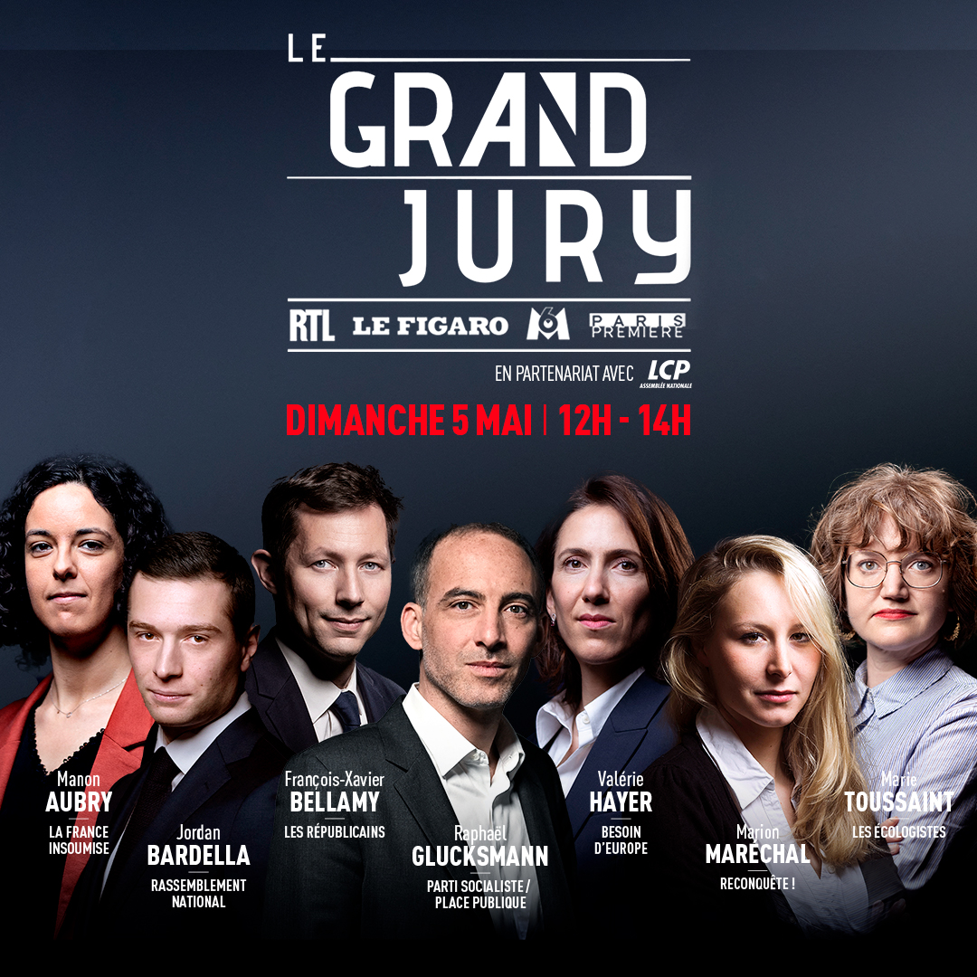 🗳️ <a href="/LeGrandJury/">Le Grand Jury</a> - Grand Débat entre 7 candidats têtes de liste aux élections européennes 
📅 5 mai 
12h-14h sur <a href="/RTLFrance/">RTL France</a> et <a href="/ParisPremiere/">Paris Première</a>
A 18h sur <a href="/LCP/">LCP</a>
➡️ <a href="/olivierbost/">Olivier Bost</a> (RTL), <a href="/jimjarrasse/">Jim Jarrassé</a> (<a href="/Le_Figaro/">Le Figaro</a>), <a href="/paulineB/">Pauline Buisson</a> (<a href="/M6/">M6</a>), <a href="/ANAISBOUTON/">ANAIS BOUTON</a> (Paris Première) &amp; <a href="/Myriamencaoua/">Myriam Encaoua</a> (LCP)