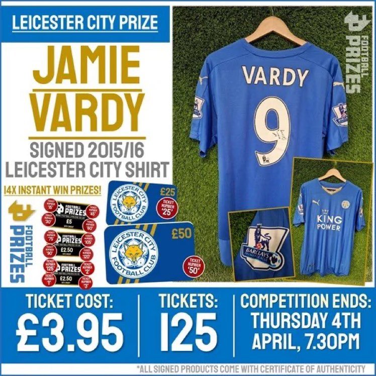 🚨BRAND NEW 🚨 🏆 Leicester City Jamie VARDY 2016 Signed Shirt Raffle Competition with @football_prizes 🔵 Signed & framed 2015/16 Jersey! ✅️ 14 other Instant prizes! ➡️ including £50, £25 LCFC gift cards ⏳Comp Ends TODAY !!! 🎟️Get your tickets here footballprizes.co.uk/product/vardy/