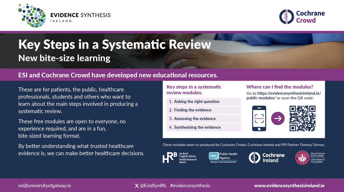 We co-developed a series of 4 short (<3min) videos that explain the key steps in a systematic review, to a public/patient audience, HCPs & students You can view them for free, here: evidencesynthesisireland.ie/public-modules