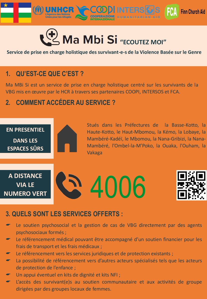 📢La ligne verte ''Ma Mbi Si'' ☎️4️⃣0️⃣0️⃣6️⃣ est desormais ouverte & operationnelle à #Bangui. ✅Cette ligne permet aux survivants des #VBG d'appeler le #HCR pour acceder gratuitement aux services de prise en charge en ligne. Passez le message! @UNFPARCA @NtampakaClaris