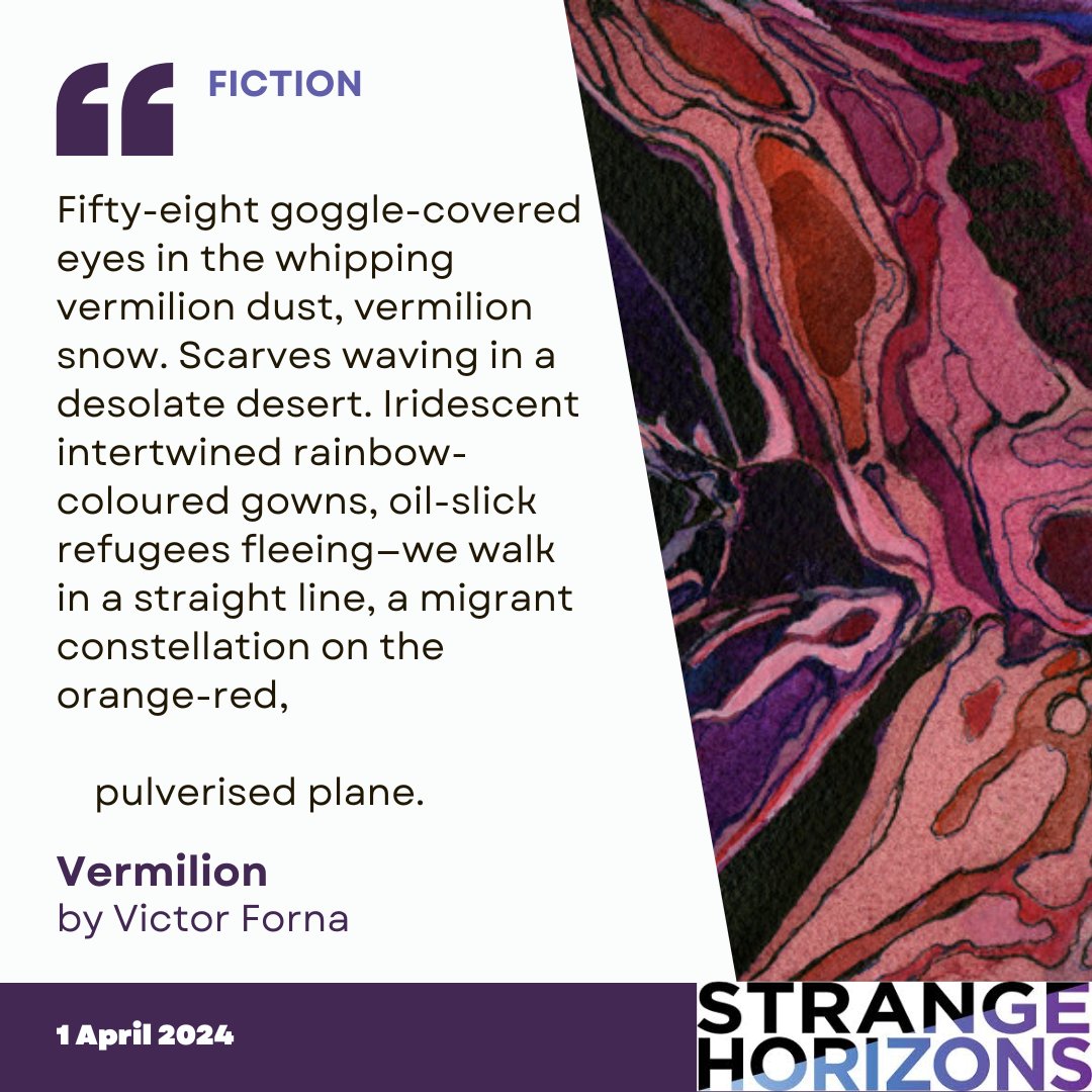 Vermilion by Victor Forna (@vforna12) 'Fifty-eight goggle-covered eyes in the whipping vermilion dust, vermilion snow. Scarves waving in a desolate desert. Iridescent intertwined rainbow-coloured gowns, oil-slick refugees fleeing...' Read the whole piece at the link in our bio!