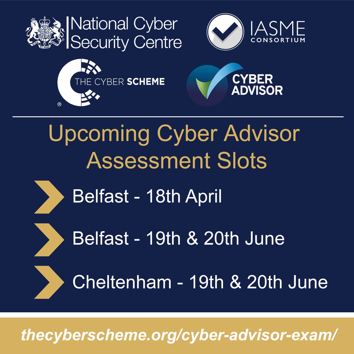 Are you interested in becoming a #CyberAdvisor? 🤔 In April & June, @thecyberscheme are running several Cyber Advisor Assessment sessions, hosted in #Belfast & #Cheltenham. 📆 Find out more & book your exam by visiting 👉 thecyberscheme.org/cyber-advisor-…