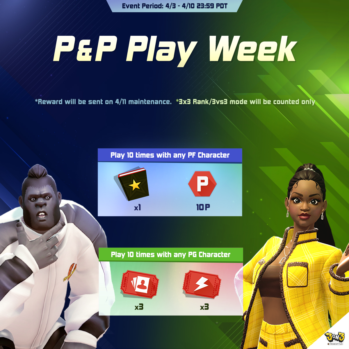 Get ready to hit the court with your favorite PF & PG characters! Join us for the electrifying P&P PLAY WEEK in 3on3 Freestyle! Team up in 3v3 Rank Mode and score epic rewards! * Reward will be sent on 4/11 maintenance. #videogame #StreetBasketball #3on3freestyle