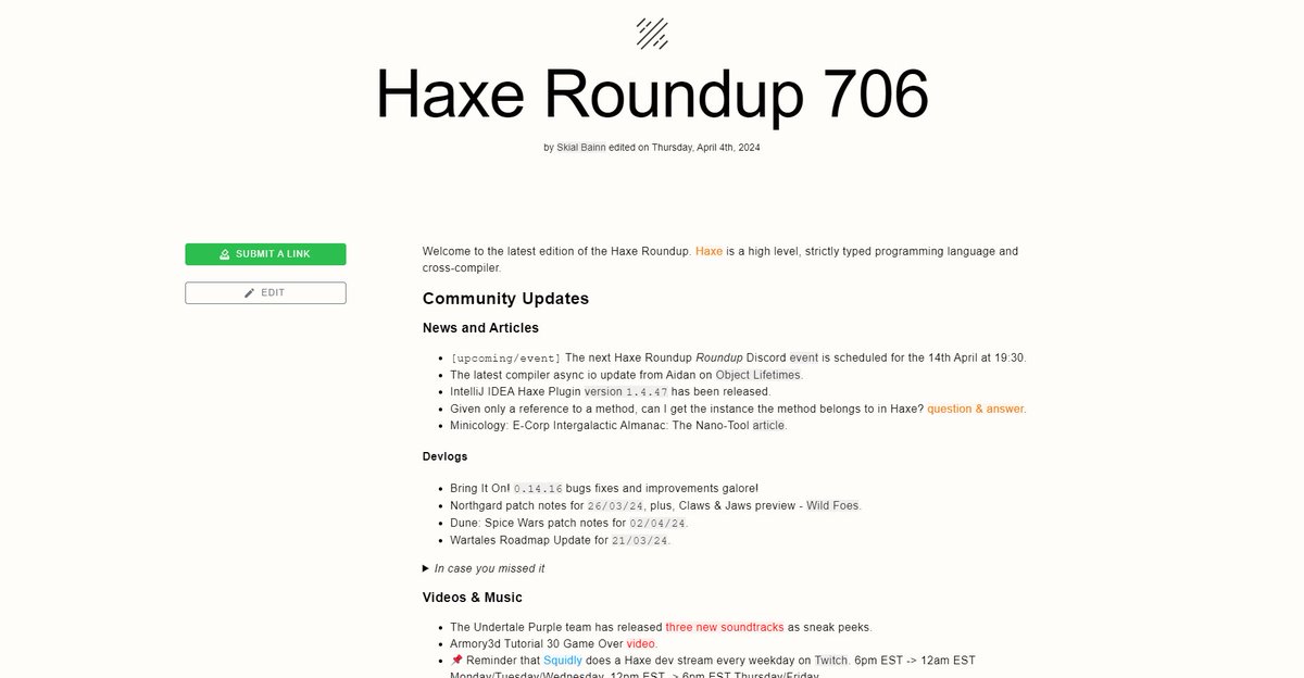 #Haxe Roundup 706 haxe.io/roundups/706/ is out!

The latest devlogs from Minicology, Bring It On!, Northgard, Wartales &amp; Dune Spice Wars! 📰☕

Game releases, hot-reloading HaxeUI &amp; more OS updates! 💻

Plus lots more developements from the community over the last two weeks! 🔥