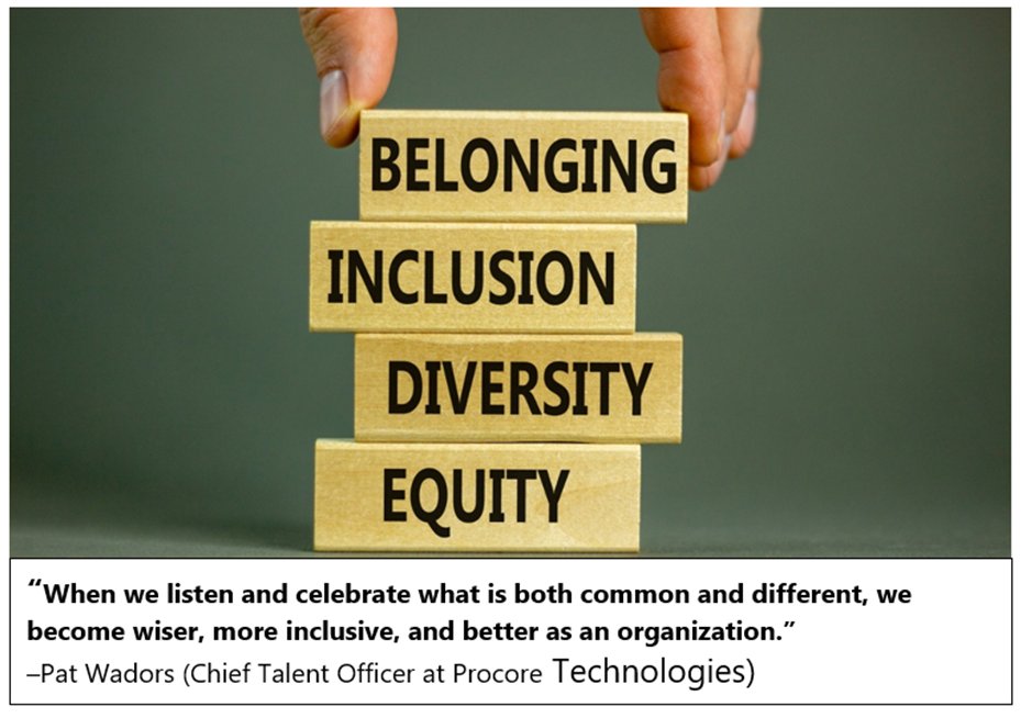 Inclusion Center daily quote- “When we #listen and #celebrate what is both common and different, we become wiser, more inclusive, and better as an organization.” –Pat Wadors (Chief Talent Officer at Procore Technologies)