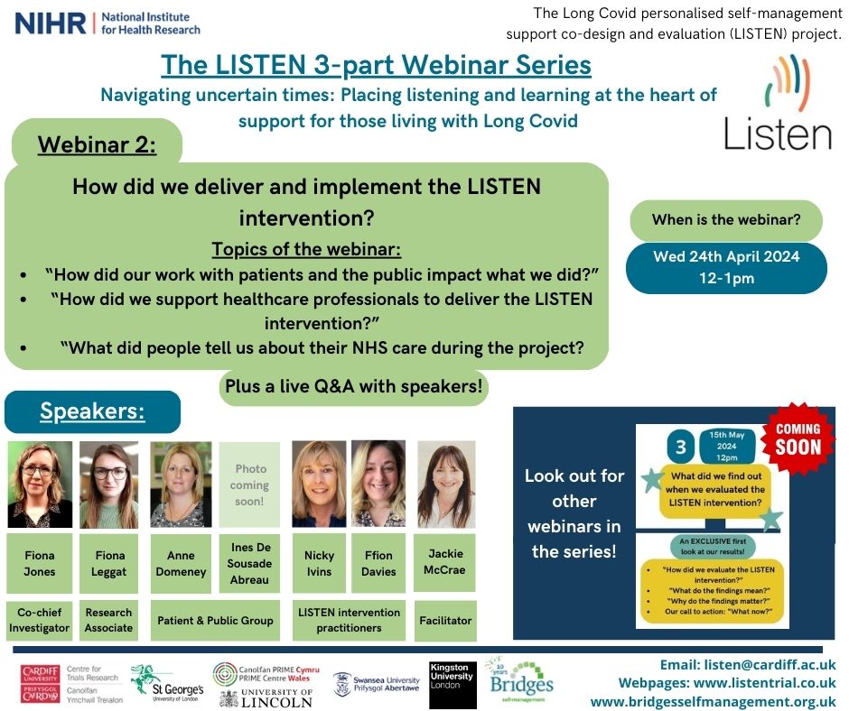 We are now excited to share Webinar 2⃣ of our 3-part Webinar series! 📣 This includes healthcare professionals' experiences delivering the #LongCovid support intervention. Please sign up below: us02web.zoom.us/webinar/regist… @bridgesselfmgmt