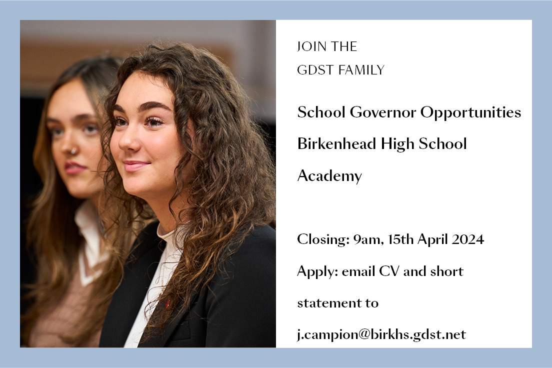 We're recruiting for school governors at @BHSAcademy. Full details of the role can be found here: birkenheadhigh.gdst.net/news/?pid=58&n…. Applications close on 15 April 2024. #schoolgovernor #recruitment