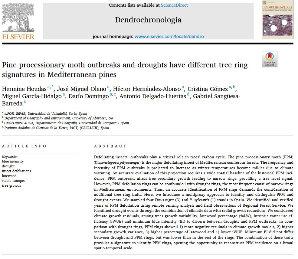 Exciting news! Our colleague Hermine Houdas has just published a fascinating paper entitled 'Pine processionary moth outbreaks and droughts have different tree ring signatures in Mediterranean pines'. 🐛Congratulations! Read more here: doi.org/10.1016/j.dend…
