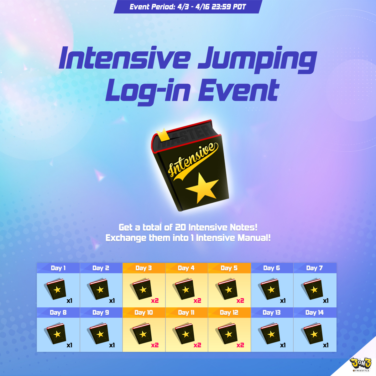 Ready to take your game to new heights? Don't miss our INTENSIVE JUMPING LOG-IN EVENT! Get a total of 20 Intensive Notes during the event period and exchange them for 1 Intensive Manual! Event runs until 04/16, 23:59 (PDT). #videogame #StreetBasketball #3on3freestyle