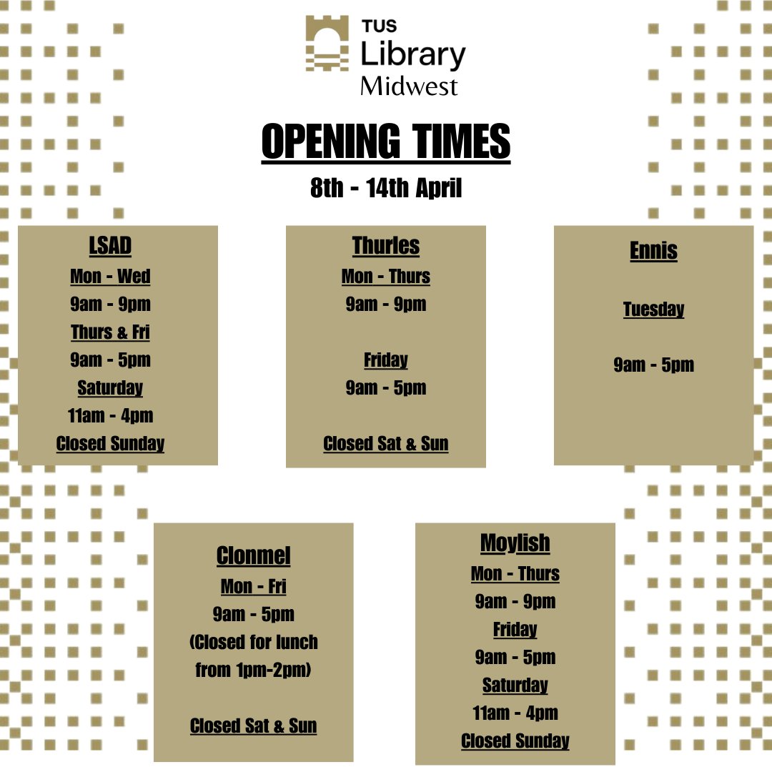 Welcome back to students and staff returning after the Easter break. Here are campus library opening times for the coming week 🕰📚 #tuslibrary #WeAreTUS #openingtimes