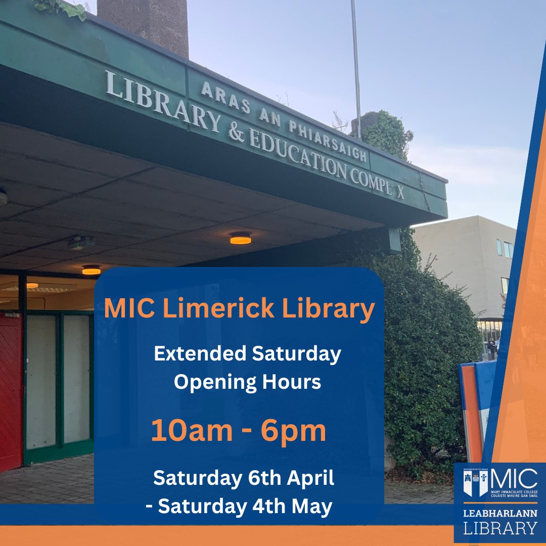 With exams and assignments coming up, MIC Limerick Library are EXTENDING Saturday opening hours! The Library will be open 10am - 6pm for the the next five Saturdays, 6th April - 4th May. #extendedsaturdayhours #miclimericklibrary #micstudents #fourmorehours