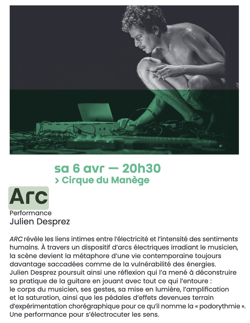 ► En tournée 'ARC' de Julien Desprez Le 06.04.2024 au Manège scène nationale de #Reims dans le cadre du festival 'In Situ' de @Cesare_Reims Production déléguée : La Muse en Circuit cesare-cncm.com/portfolio-item… #performance #ontour #guitar #podorythmie