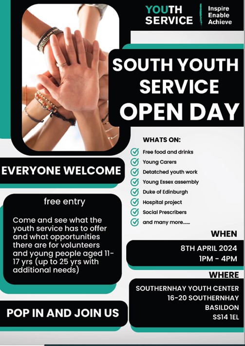 South Youth Service Open Day South Area Youth Service are holding an open day in Basildon for all young people, families and professionals to come and find out about all that the Youth Service offers in this area.