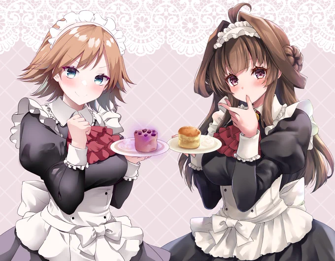 先日描いたメイド金剛ちゃんに合わせて霧隠さん()がメイド比叡ちゃん描いてくれたので並べてみましたー!やったー!かわいいー!!ヽ(^o^)丿 