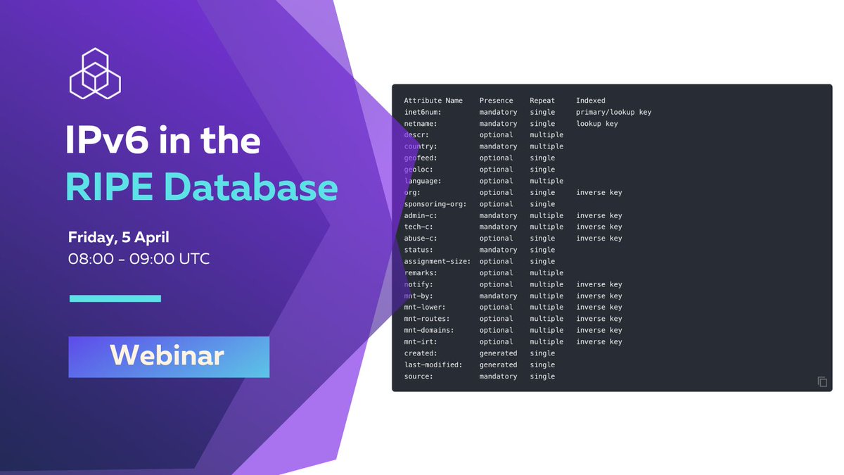 🌐 Join our webinar tomorrow on how to register #IPv6 data in the #RIPEDatabase. We'll cover allocation and policies and how to register IPv6-related data (assignments, reverse DNS and route6 objects). Register for free at: learning.ripe.net/w/courses/14-i…