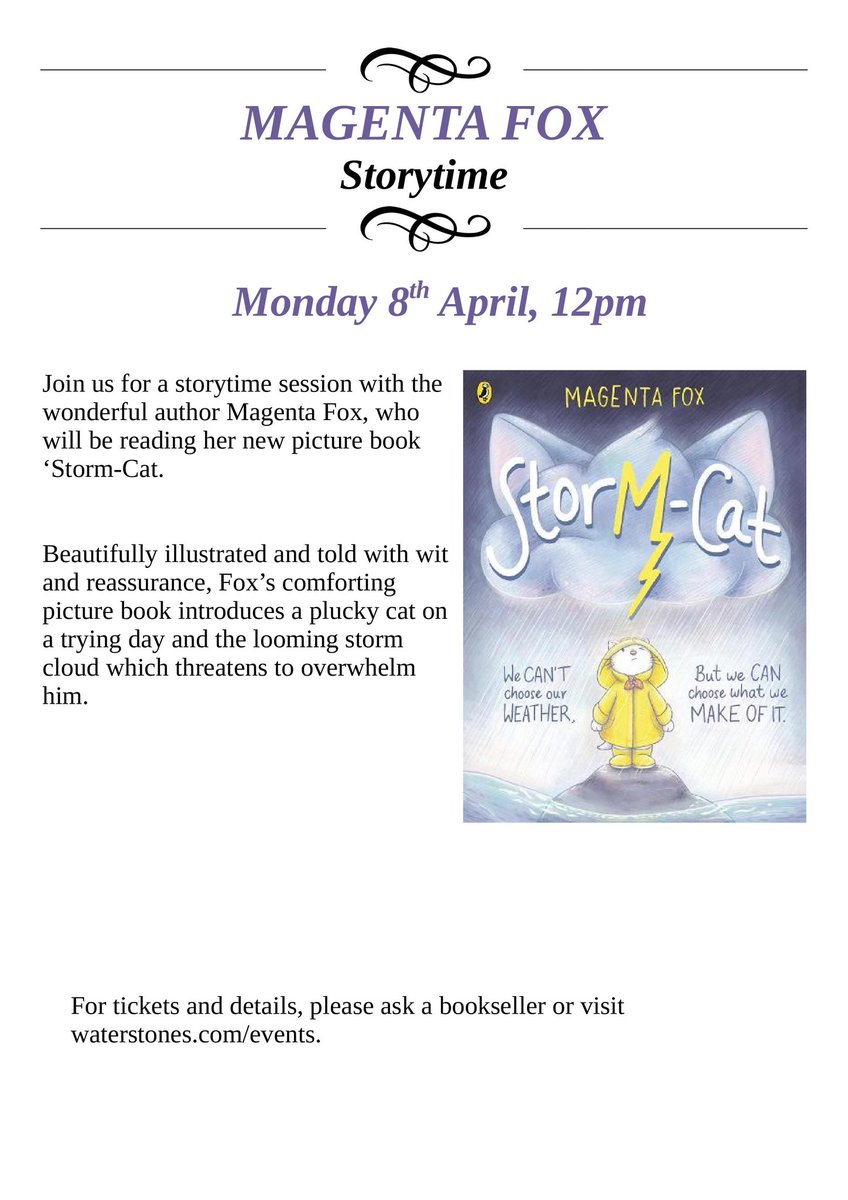 We can’t wait for Monday 8th. @MadgieFox will be visiting the shop for a special story time where she’ll be reading her beautiful picture book ‘Storm-Cat’. For more details visit Waterstones.com