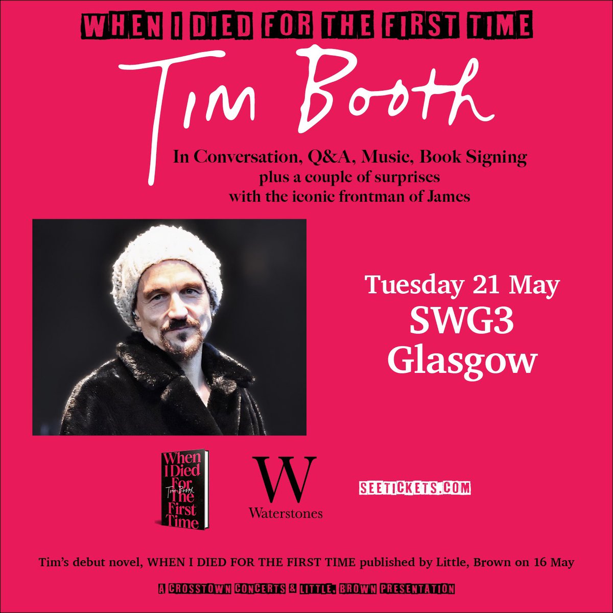 Join Tim Booth in an evening in Glasgow to celebrate the launch of his debut novel, When I Died For The First Time. Tickets go on sale tomorrow at 12pm.