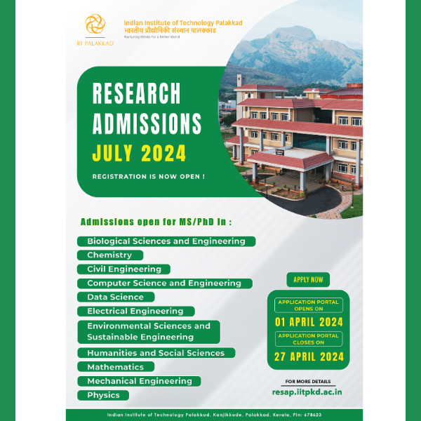 Calling all aspiring researchers! IIT Palakkad is now accepting applications for MS & PhD programs. Join our vibrant research community and work alongside renowned faculty at state-of-the-art research facilities. For more details visit: resap.iitpkd.ac.in