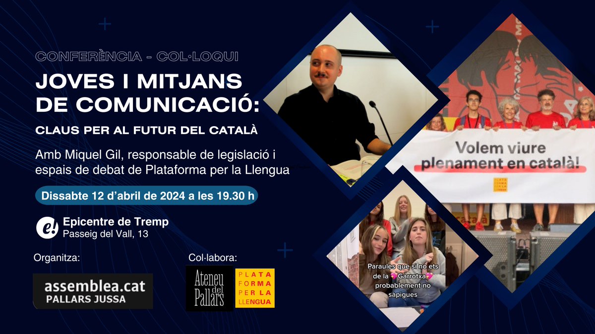 PLlCatalunya's tweet image. #PALLARS | El pròxim 12 d'abril, a l'Epicentre de Tremp, parlarem sobre "Joves i mitjans de comunicació: claus per al futur del català" a la xerrada organitzada per l'ANC Pallars Jussà. 🗨

Hi intervindrà Miquel Gil, responsable de legislació i espais de debat de @llenguacat 📢