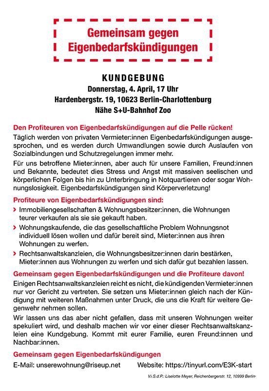 Eigenbedarfskündigungen sind zu einem großen Treiber der #Verdrängung geworden. Deswegen rücken wir heute den Profiteuren davon auf die Pelle. Kommt zur Kundgebung von @E3K19 heute, Donnerstag, den 4.4. 17 Uhr #Mietenwahnsinn #HAD2024