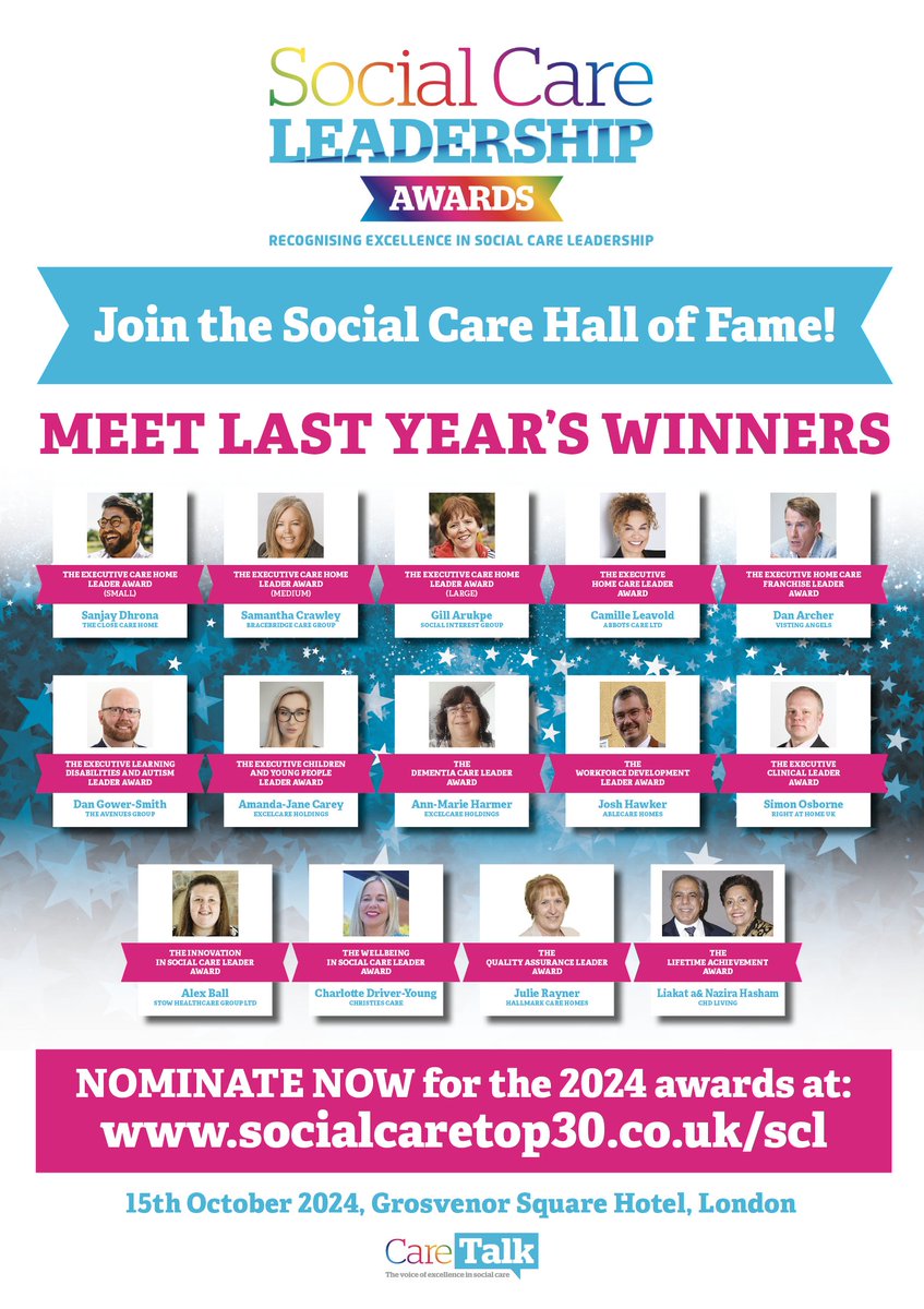 Join the HALL OF FAME! Nominations are now open for the Social Care Leadership Awards. bit.ly/3U1e52Y Celebrating excellence in #socialcare #ThankYouSocialCare